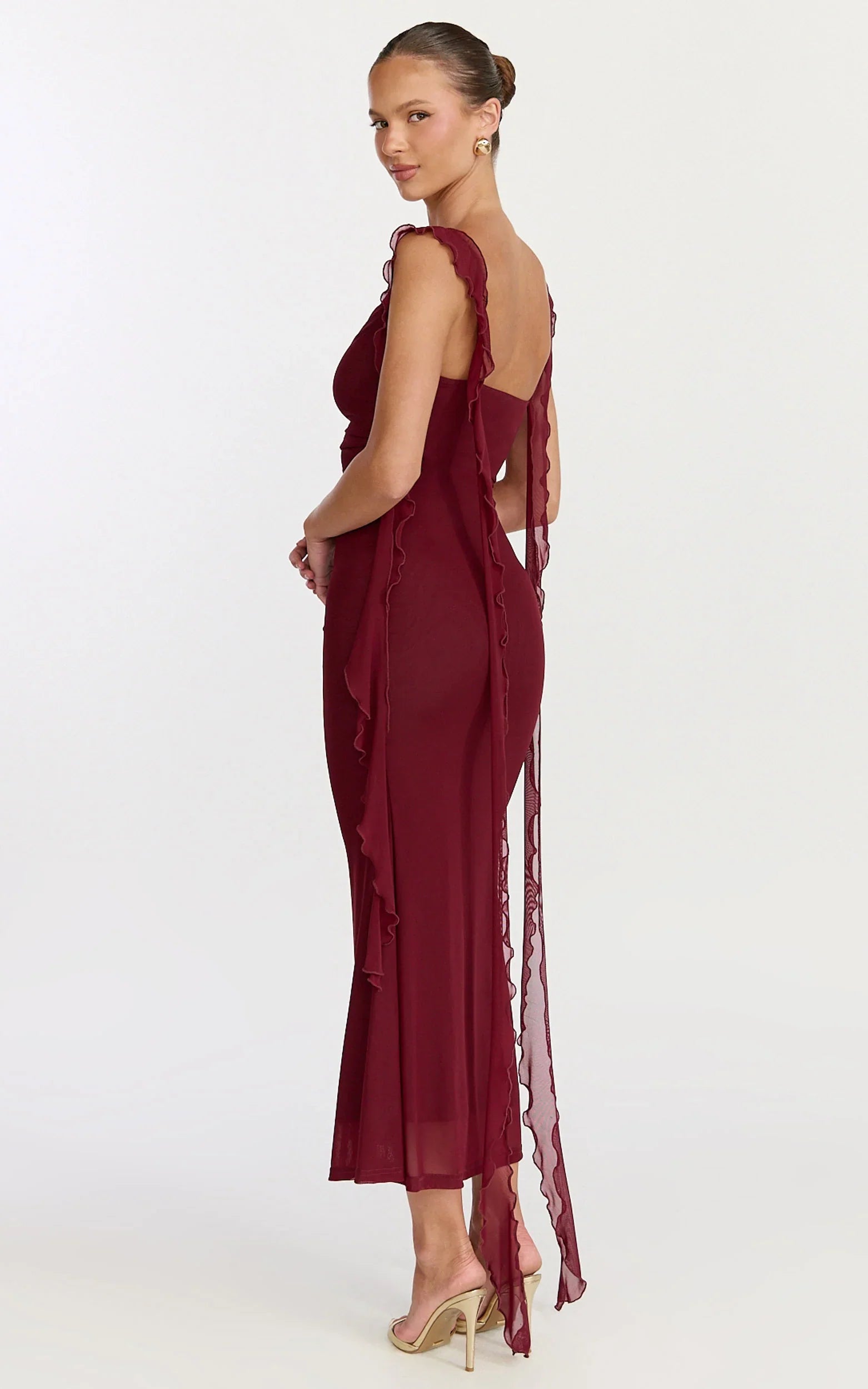 Rosha Midi Dress Ruffle Strap Dress in Wine