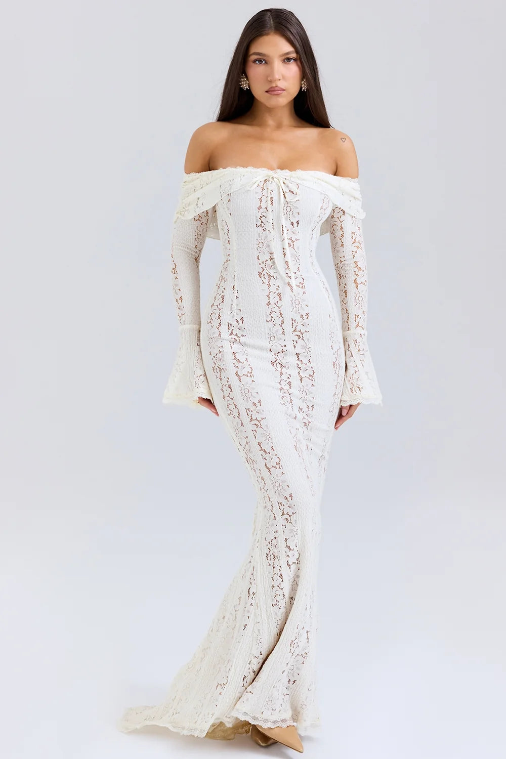 vintage cream floral lace off shoulder maxi dress