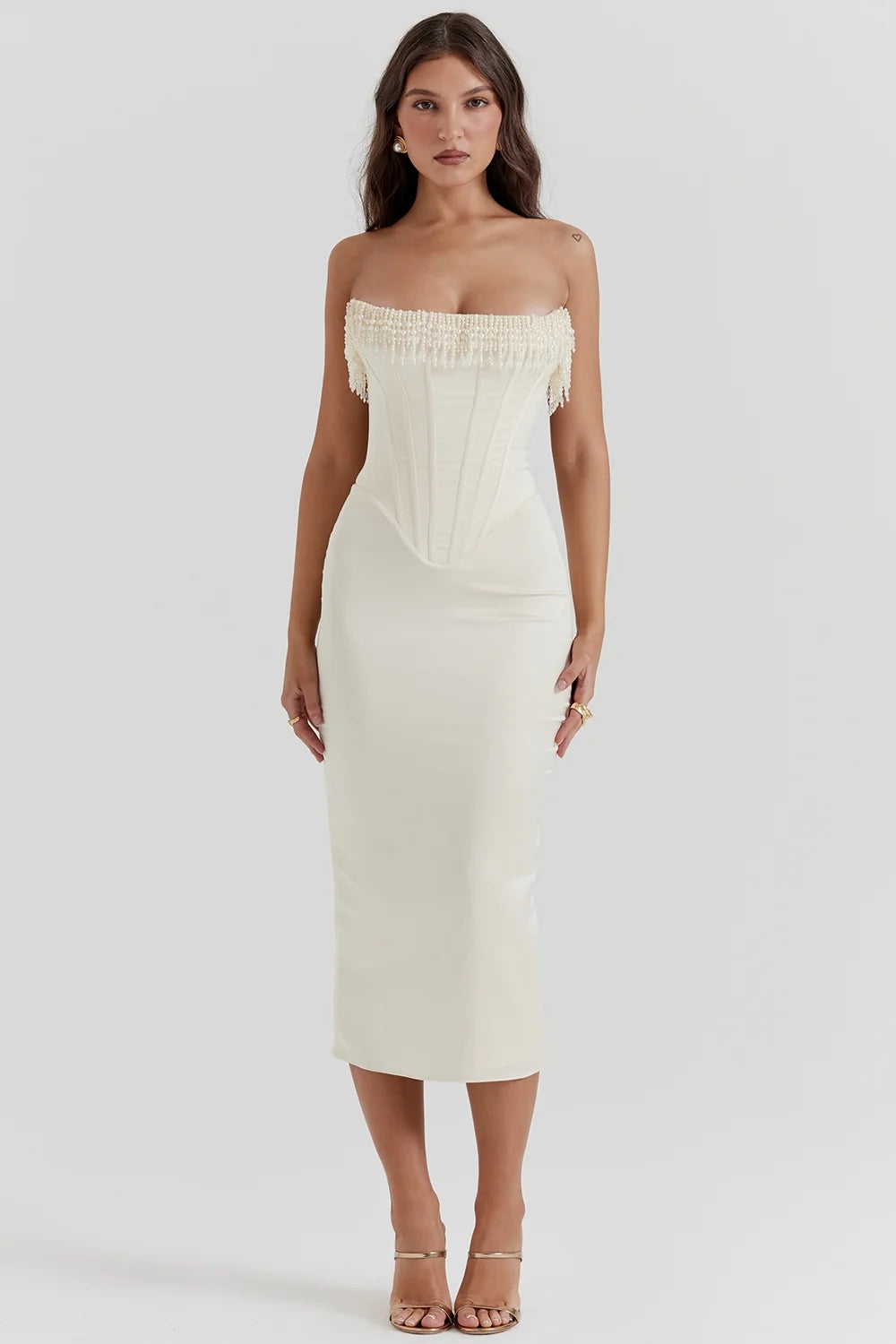 vintage cream embellished strapless dress