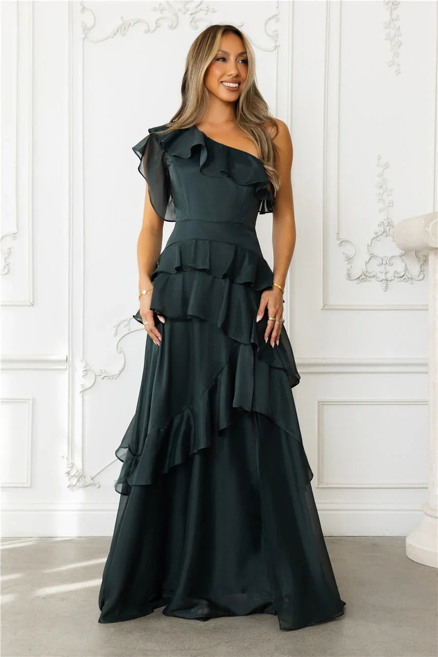 Autumns Embrace One Shoulder Maxi Dress Hunter Green