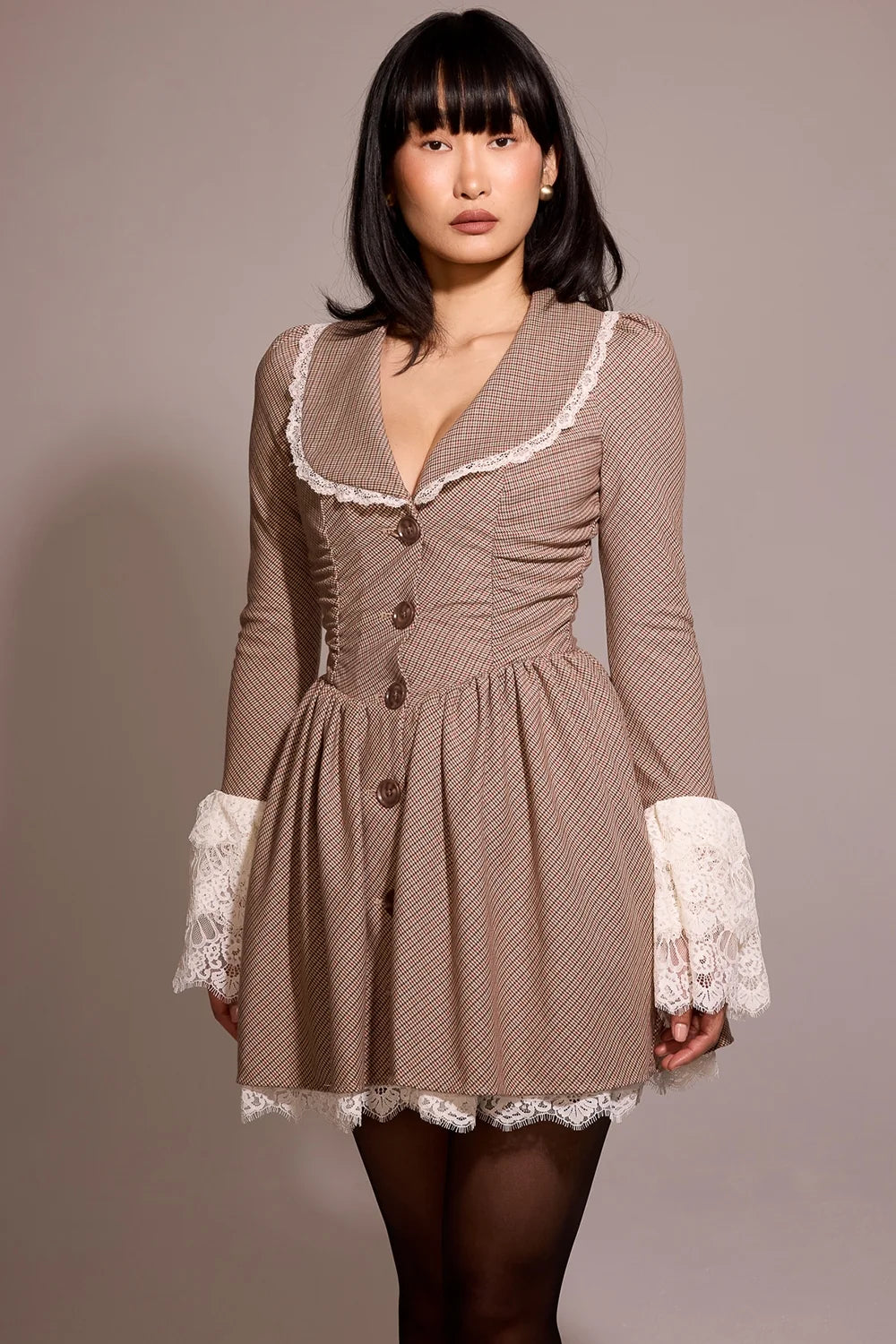 brown puppytooth check mini dress sale