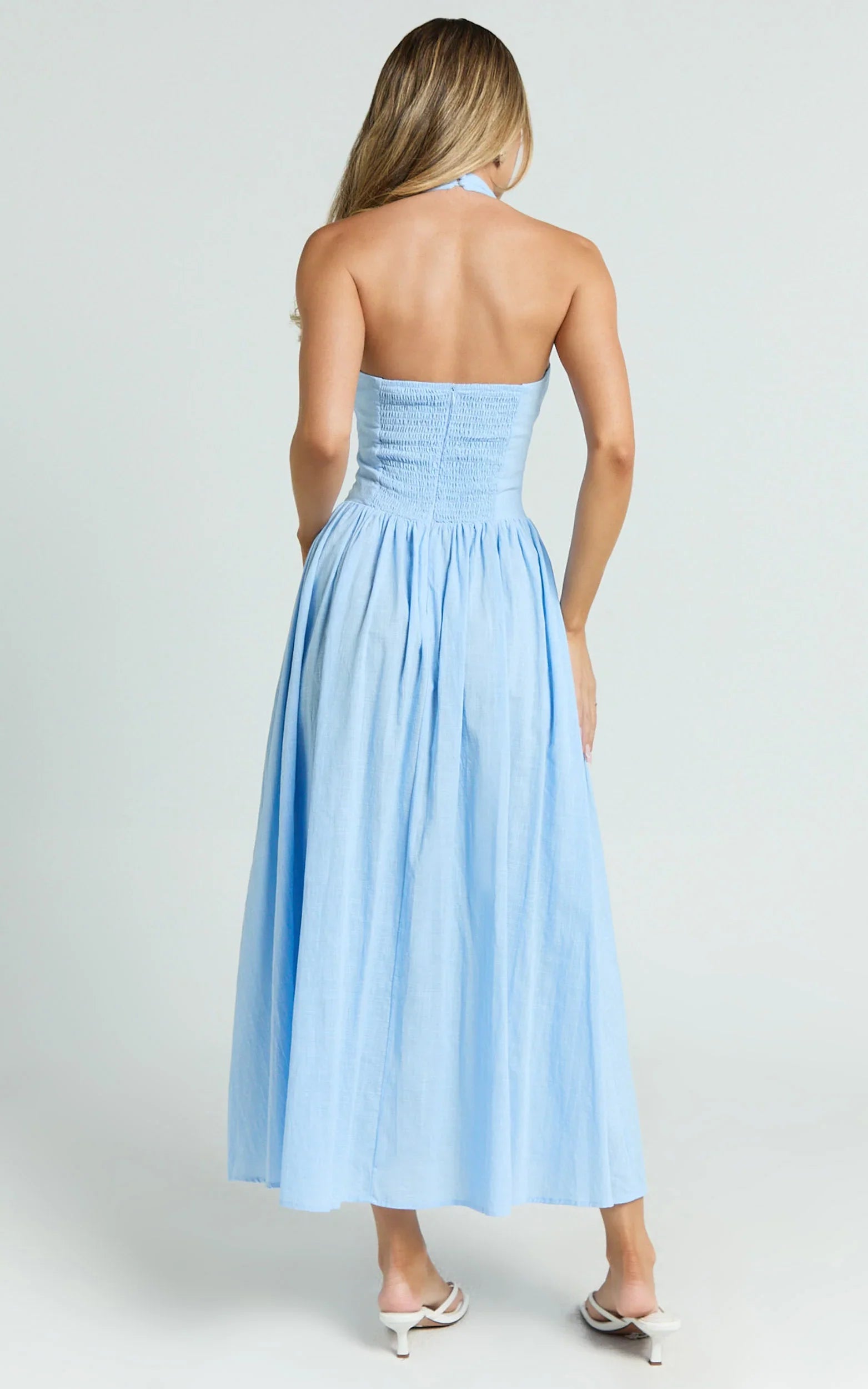 Athena Midi Dress Halter Drop Waist Dress in Blue