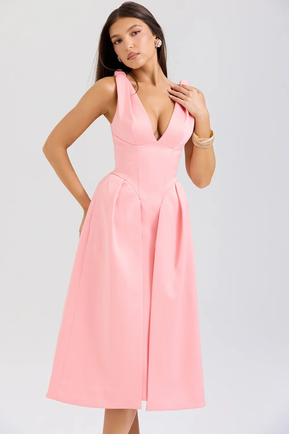 peach satin pleated midi dress sale