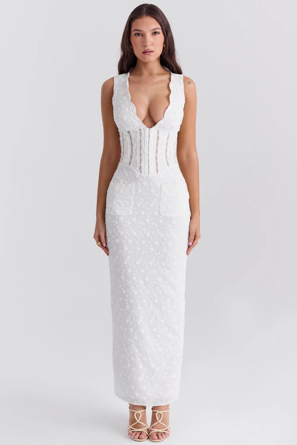 white cotton broderie anglais plunge maxi dress