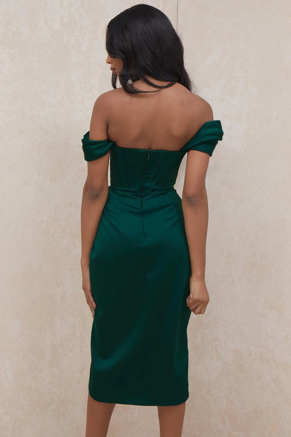 emerald green satin off shoulder dress