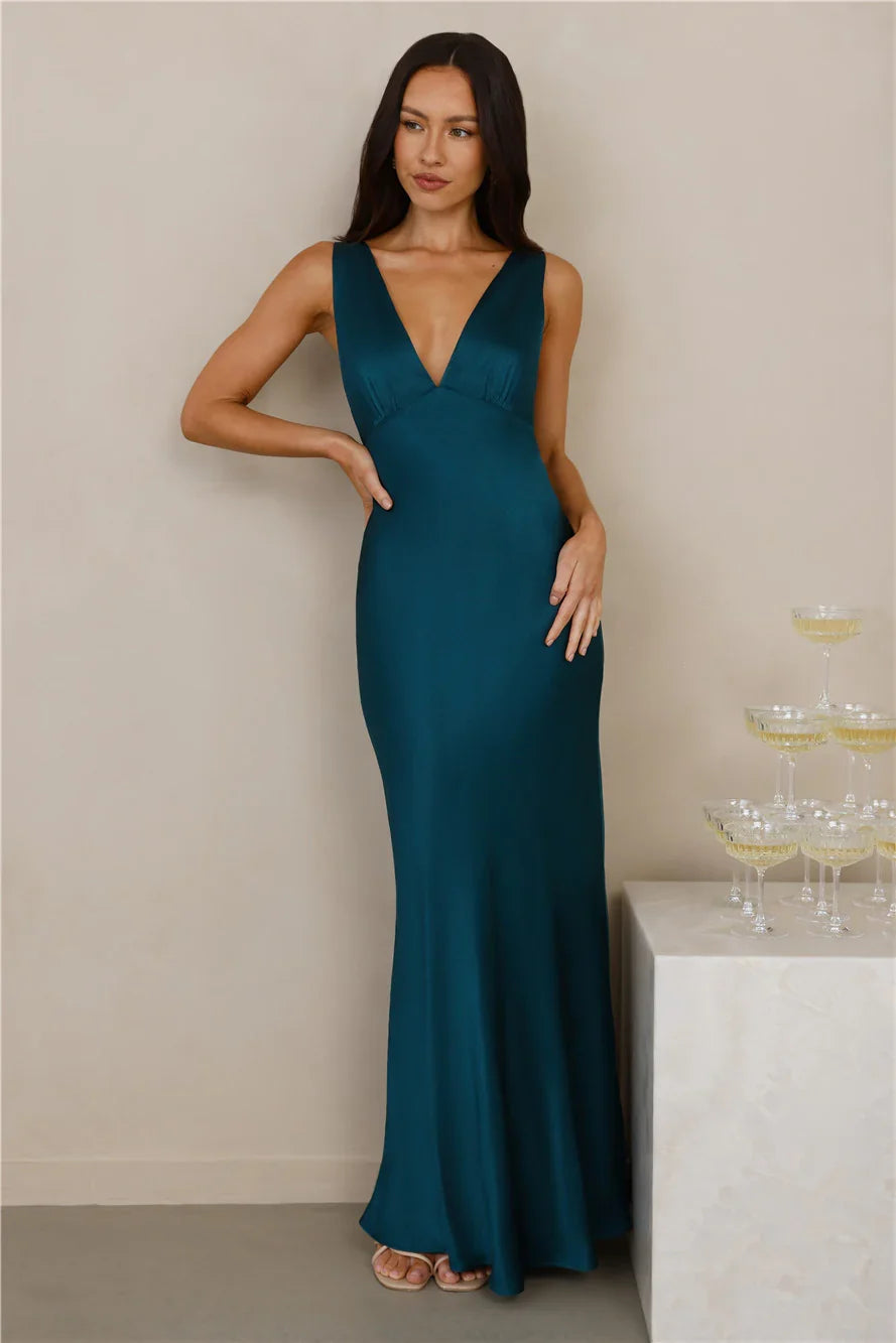 The Isabeau Satin Maxi Dress Teal