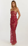 Sienna Maxi Dress 3D Floral Strapless Column Dress in Wine