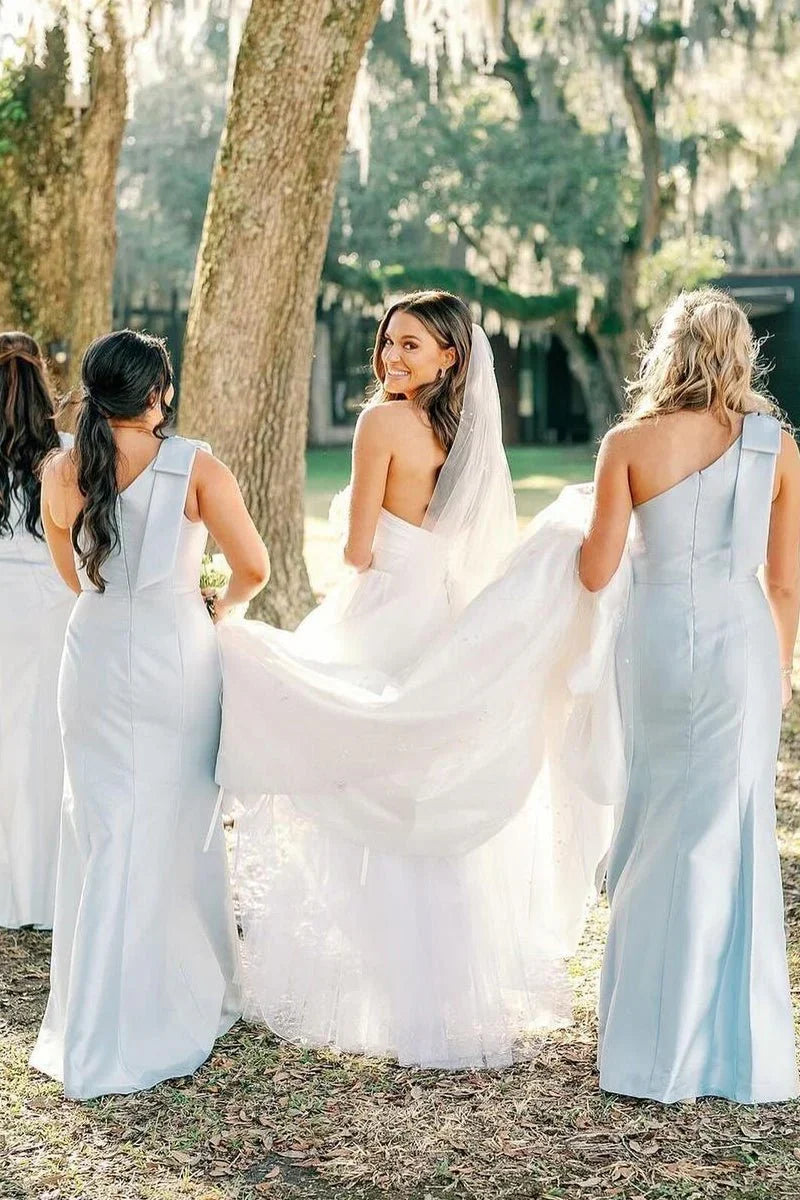 One Shoulder Stretch Matte Satin Sheath Long Bridesmaid Dresses