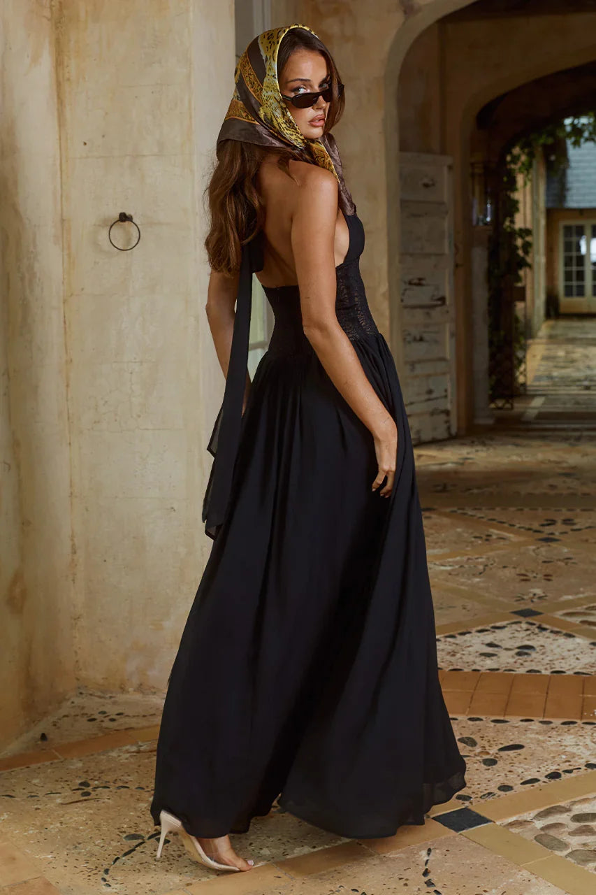 FERNANDA PLUNGE HALTER MAXI DRESS BLACK