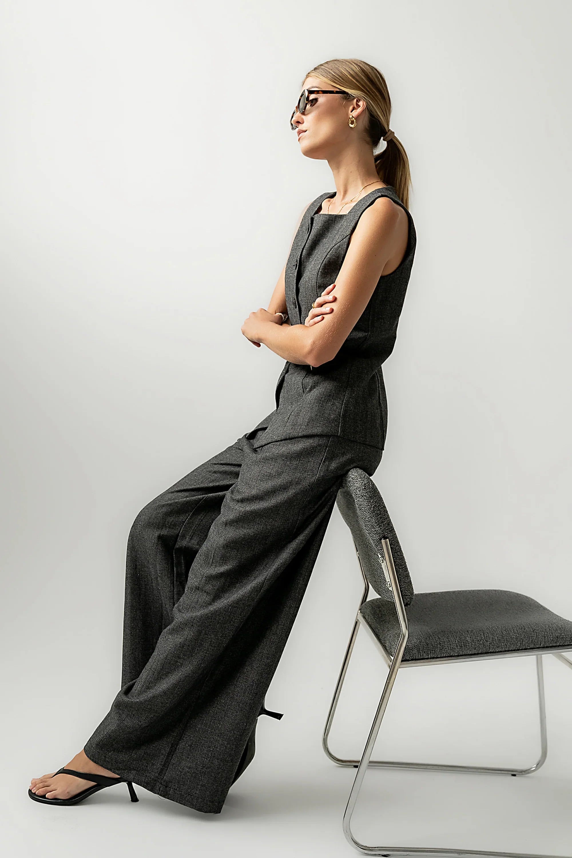 Arden Herringbone Wide Leg Trousers