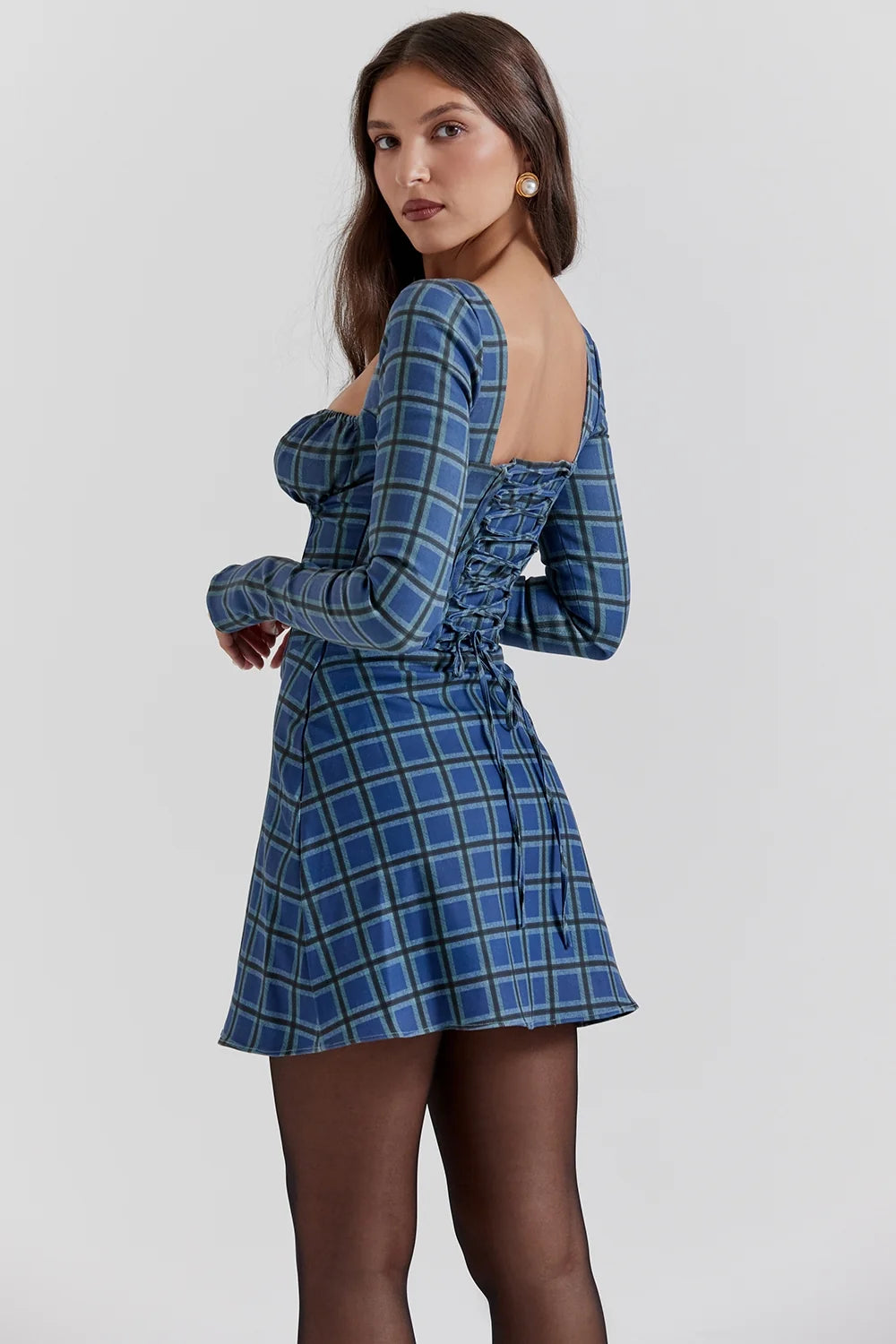 blue tartan corset mini dress