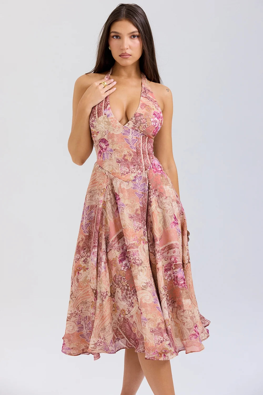 paisley patchwork print georgette halter sundress