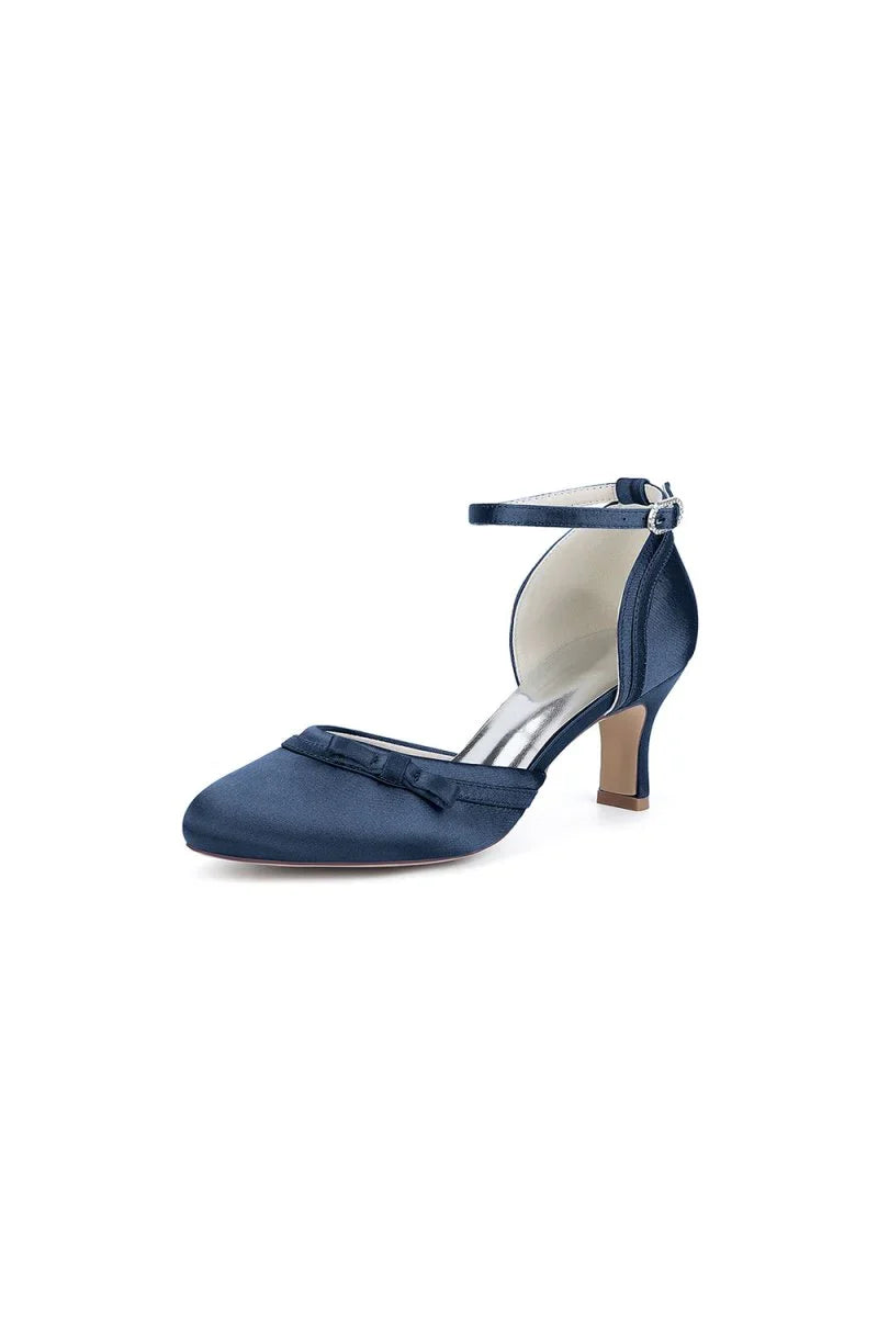 Navy Blue Satin High Heels with Bow Accent
