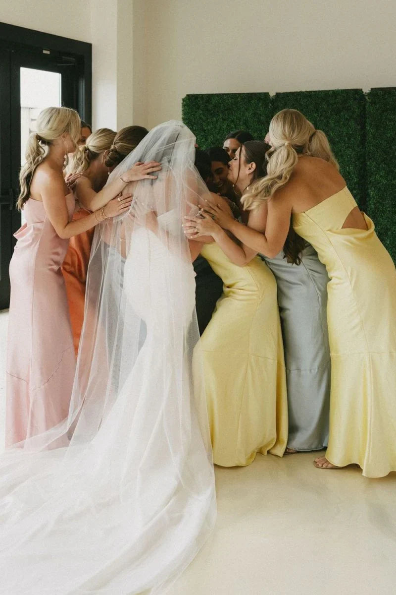 Sheath Strapless Colorful Silk Satin Long Bridesmaid Dresses