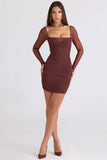 mocha mesh long sleeve mini dress