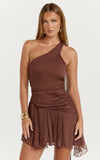Jett Mini Dress Scarf Neck Asymmetric Hemline Georgette Dress in Chocolate