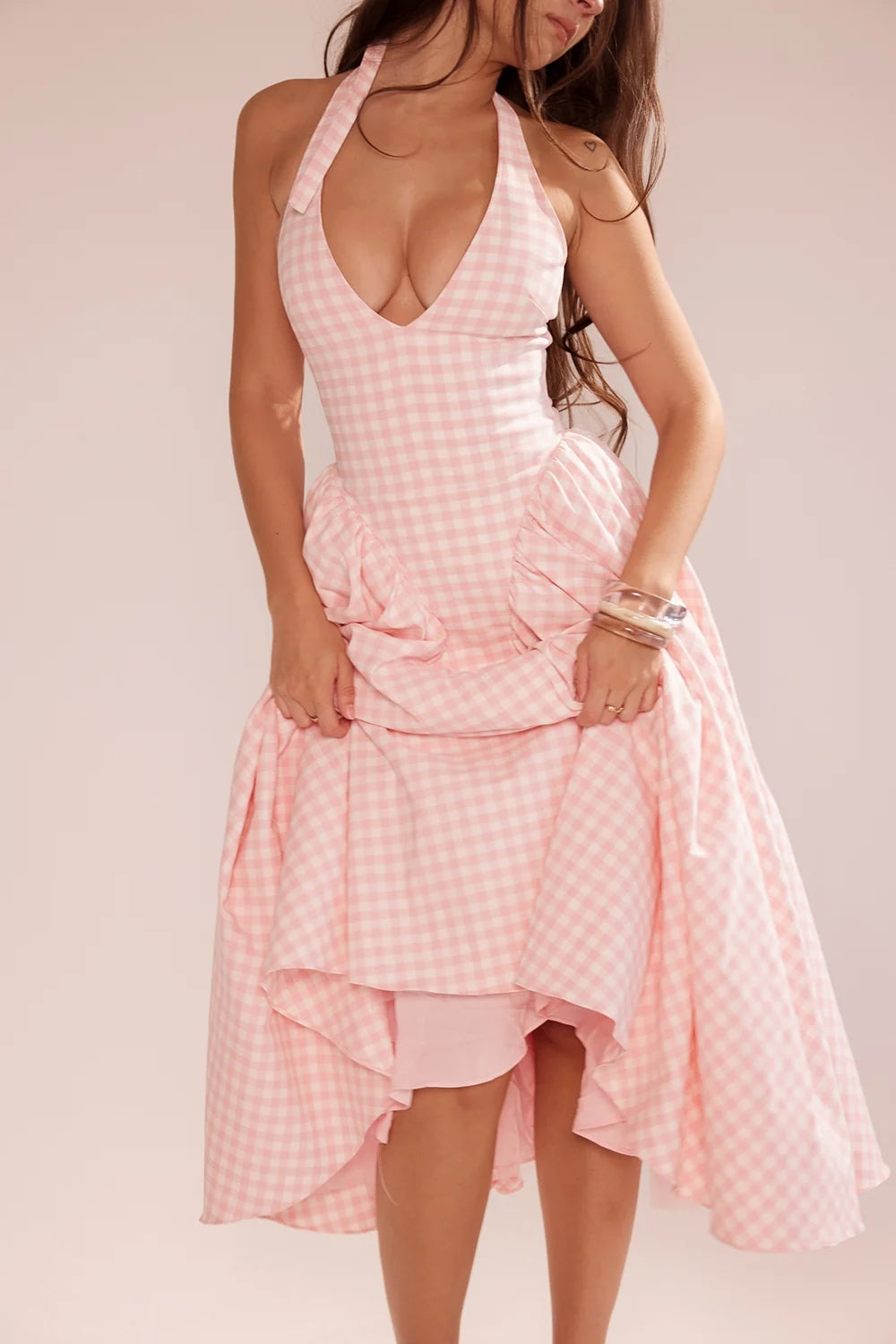 strawberry shortcake gingham halter midi sundress