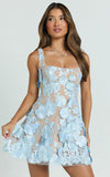 Sienna Mini Dress 3D Floral Fit And Flare Dress in Blue