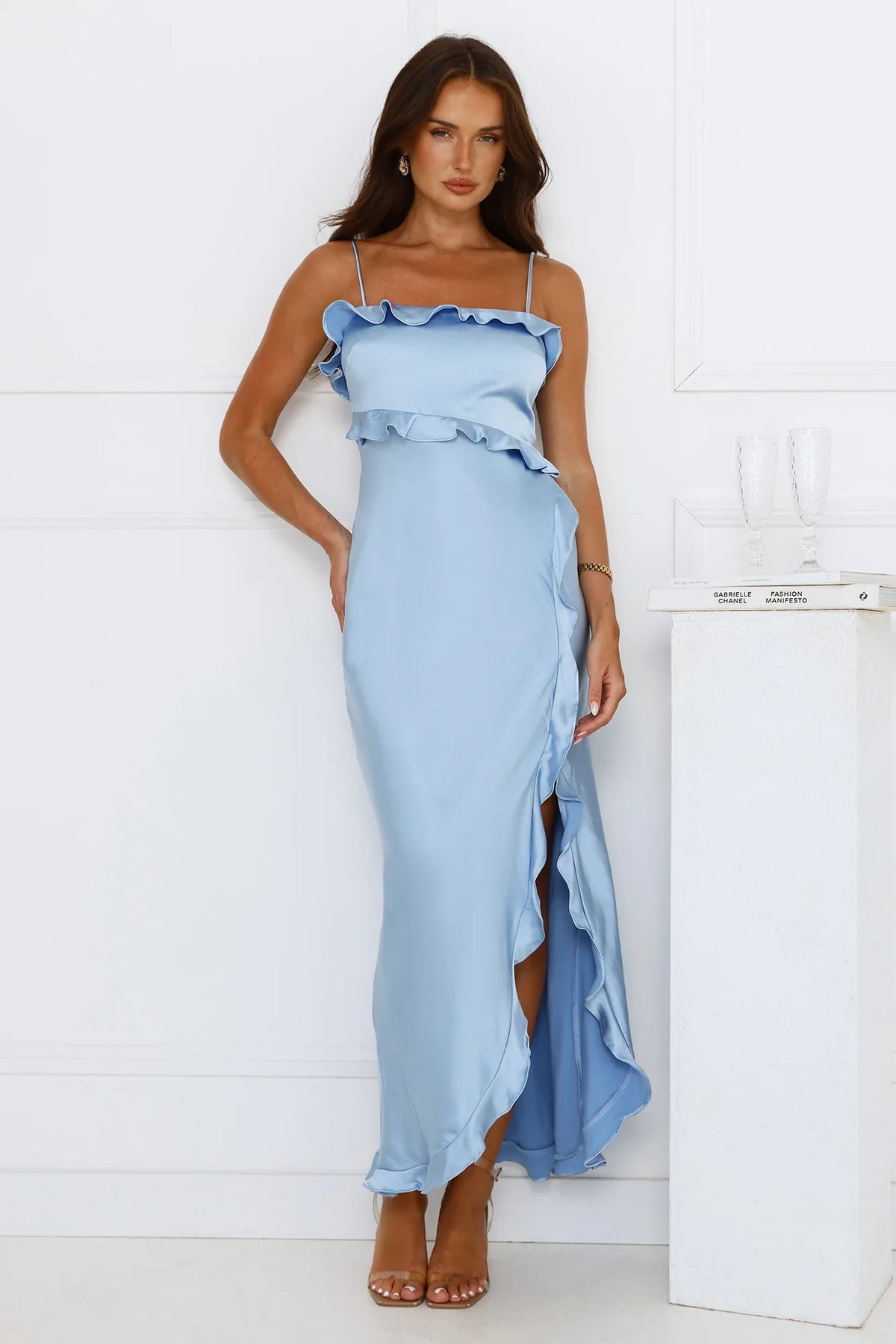 Vibrant Vixen Satin Maxi Dress Blue