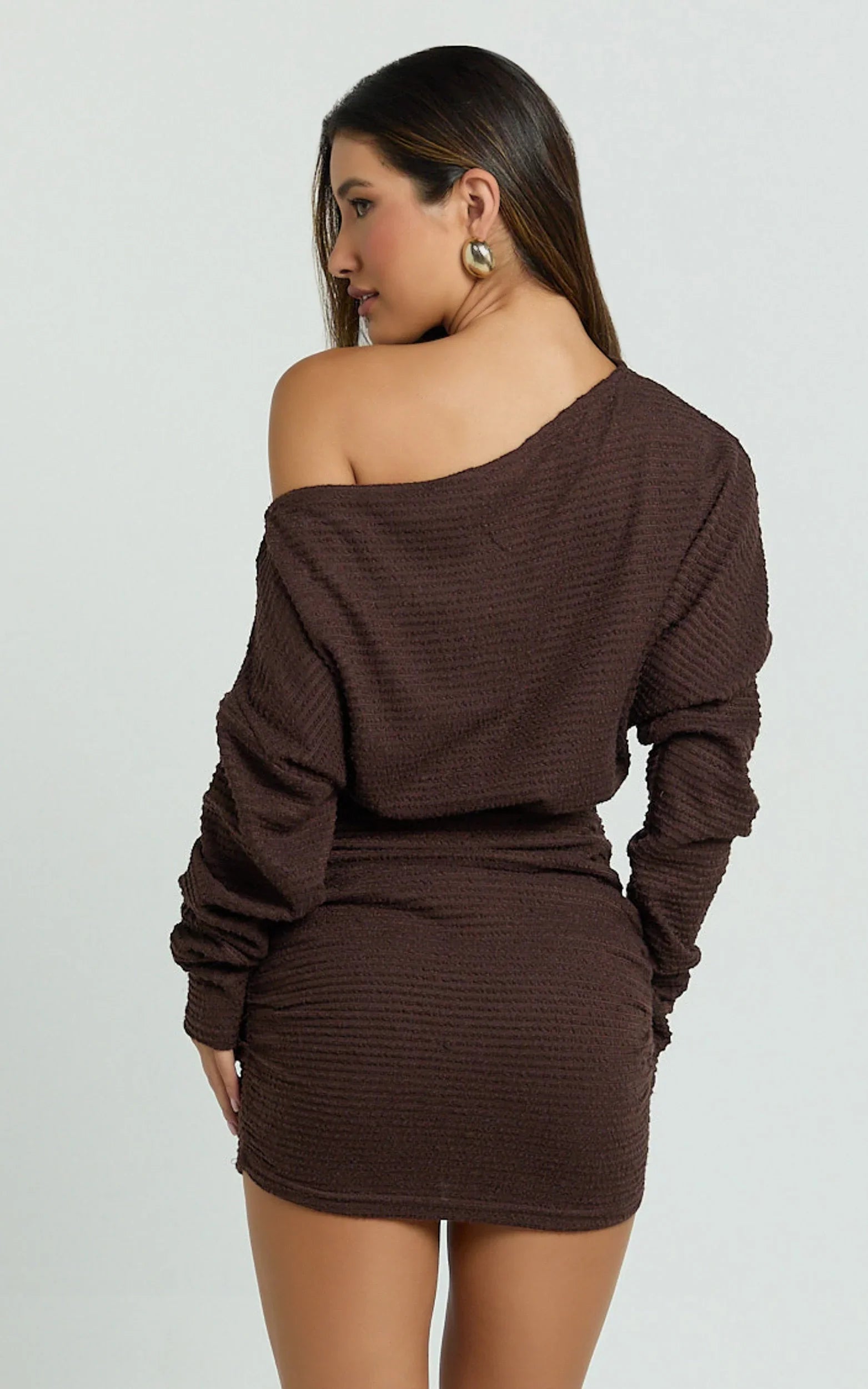 Alyce Mini Dress Long Sleeve One Shoulder Dress in Chocolate