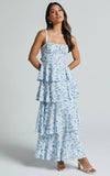 Lorma Midi Dress Ruched Layered Dress in Blue Floral