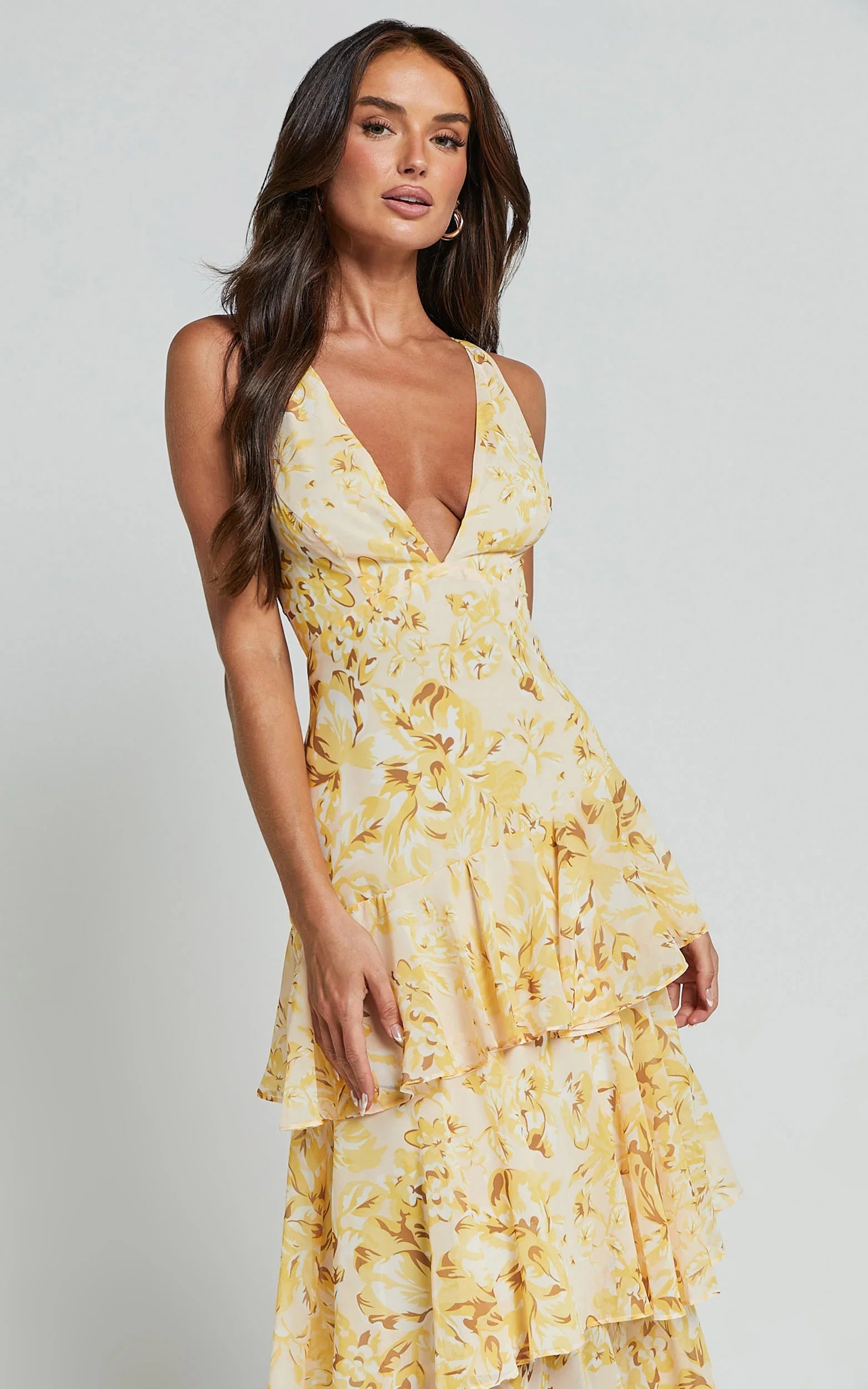 Beryl Midi Dress Deep V Neck Sleeveless Layered Dress in Yellow Floral