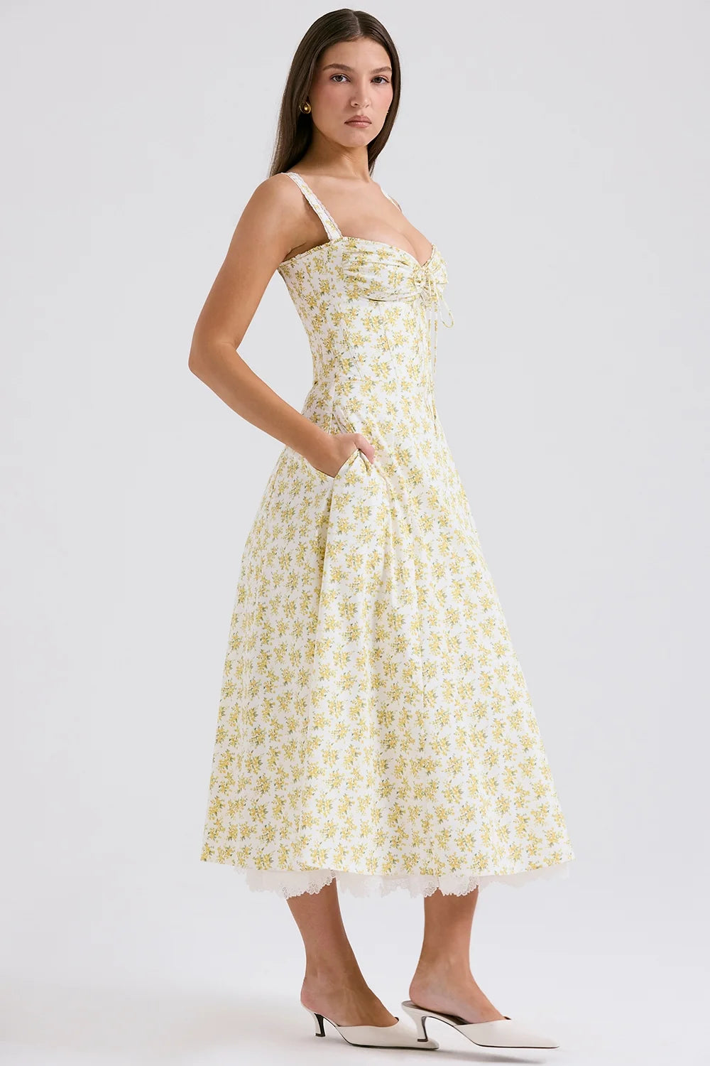 white vintage floral print cotton bustier sundress