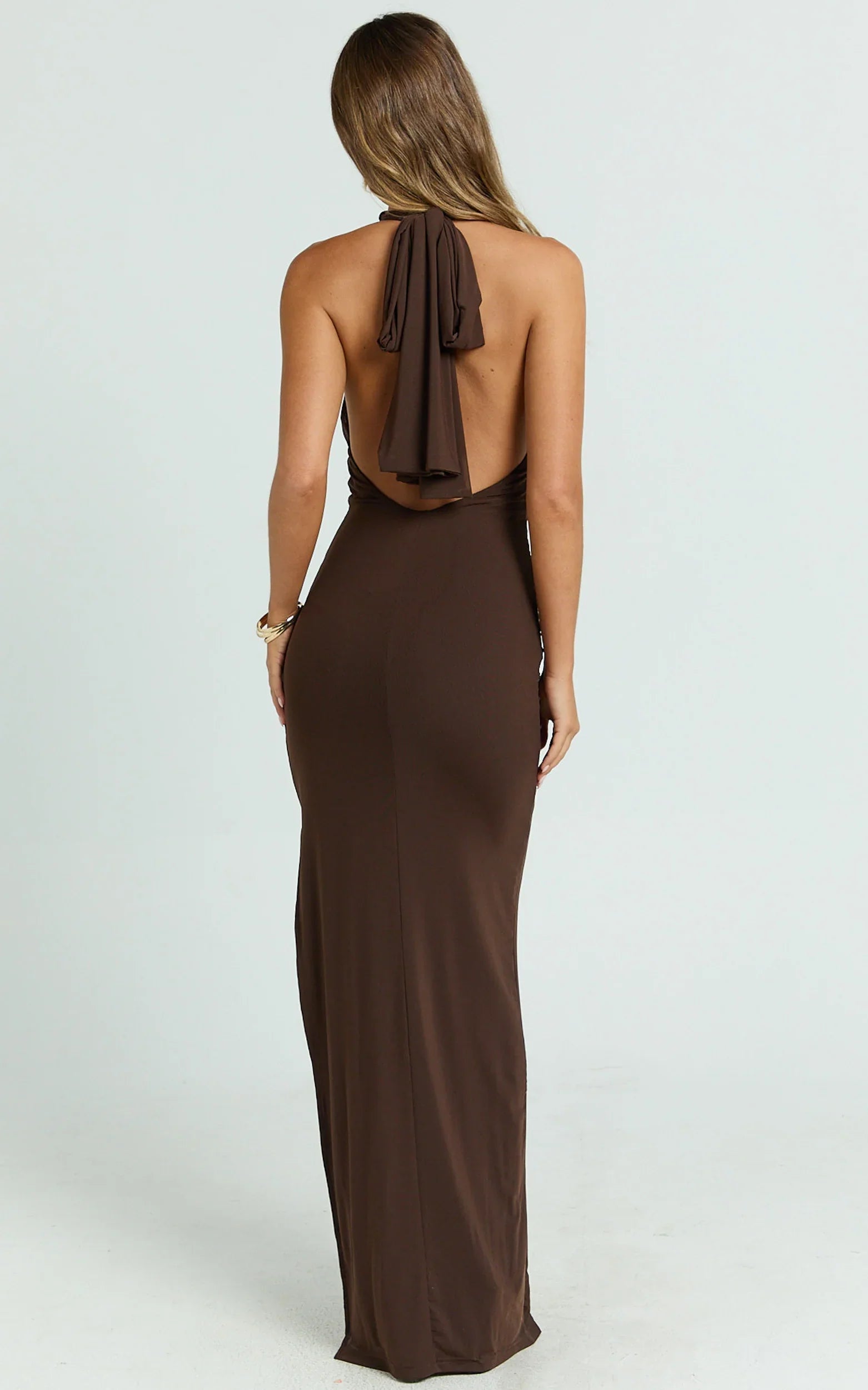 Francis Maxi Dress Halter Ruched Backless Dress in Dark Chocolate