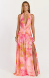 Nova Maxi Dress Plunge Neckline Backless Georgette Dress in Hot House Orchid Print