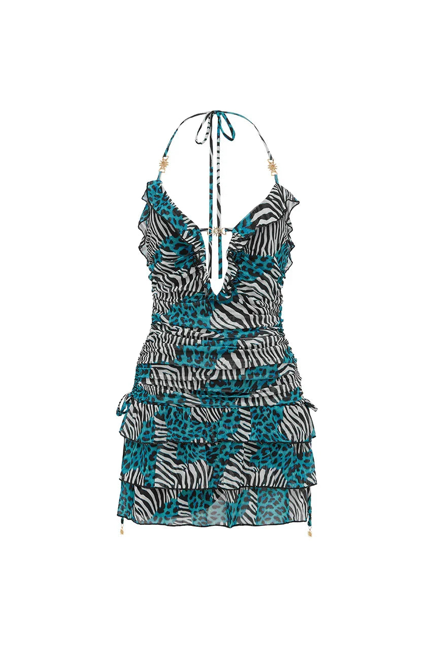 AVANI DEEP V RUFFLE MINI DRESS DANTE TEAL