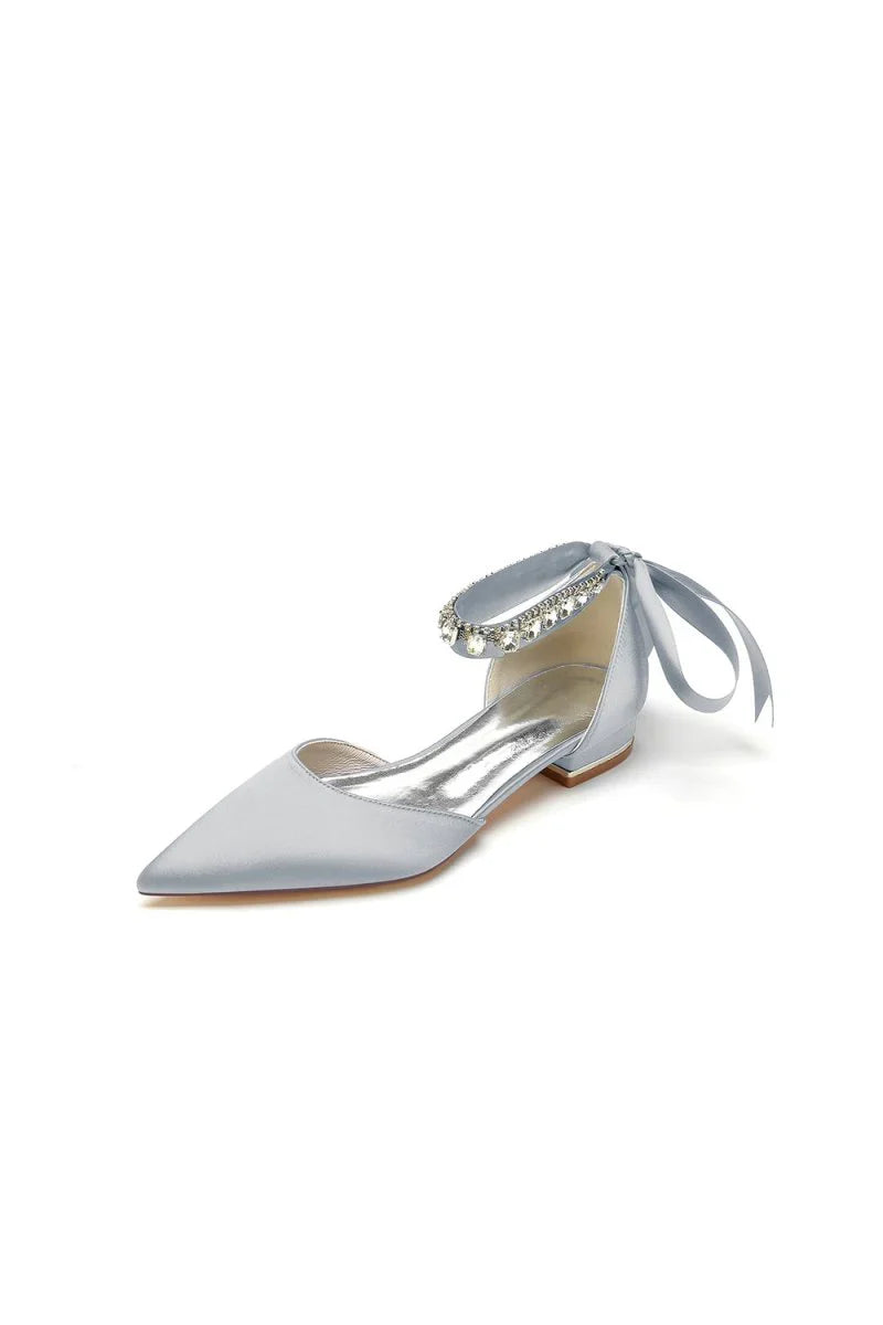 Rhinestone Ribbon Pointed Toe Ankle Strap Kitten Heels