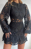 Kiss Me Now Mini Dress Long Puff Sleeve Dress in Black Lace