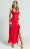 Almarie Midi Dress Halter Neck Mesh Dress in Red
