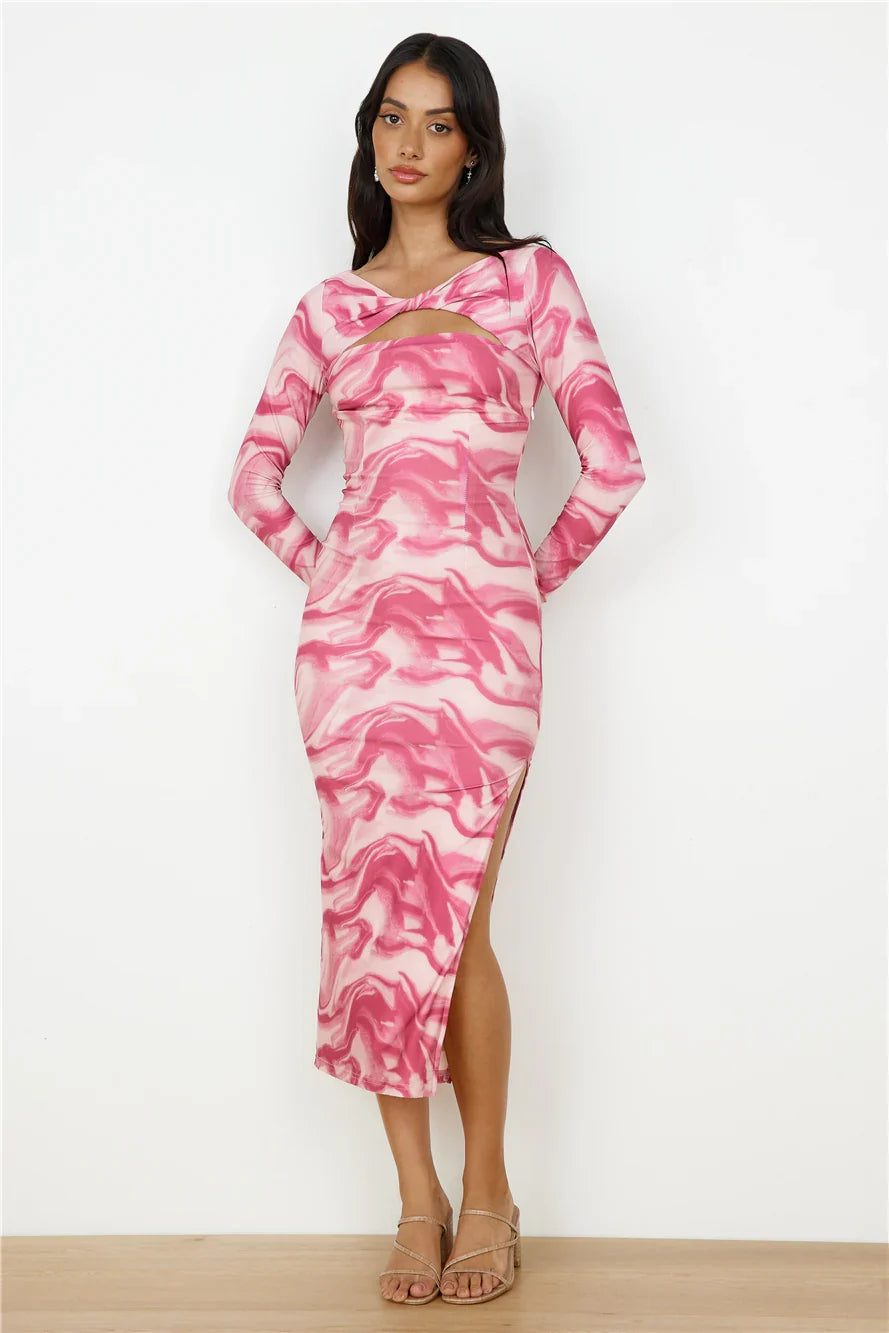 Raspberry Swirl Long Sleeve Midi Dress Pink