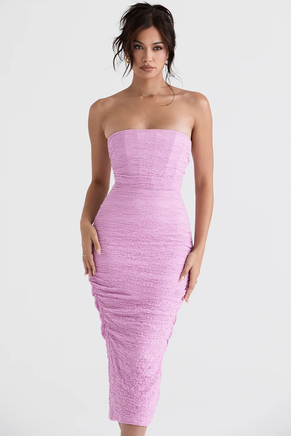 pink strapless corset midi dress