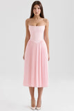 pink pleated midi corset dress