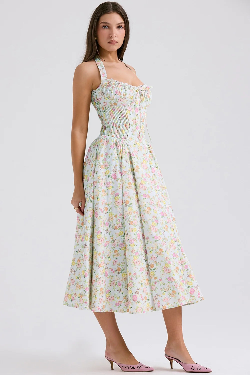 pale blue meadow print cotton halter sundress