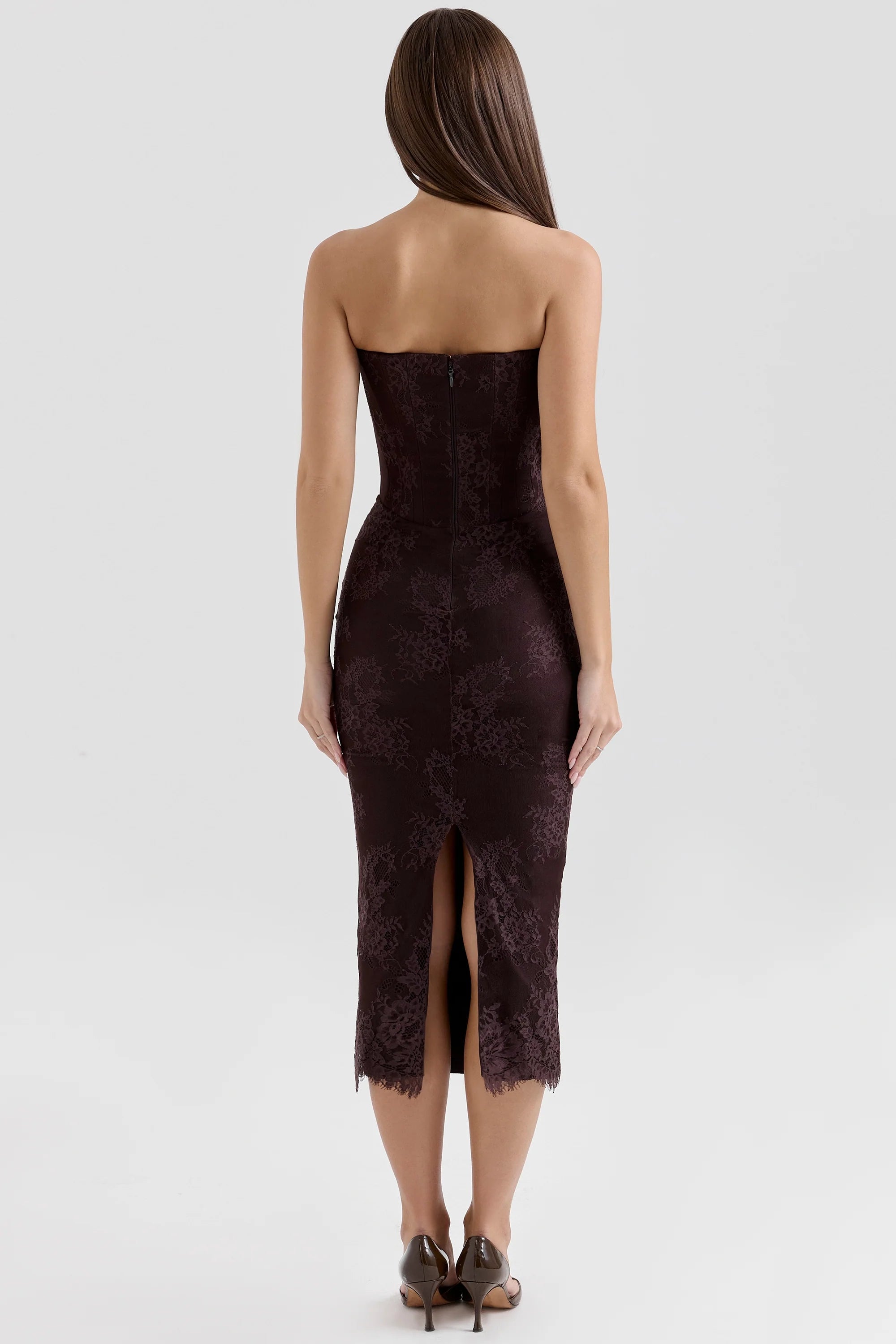 bitter chocolate lace corset midi dress bolero