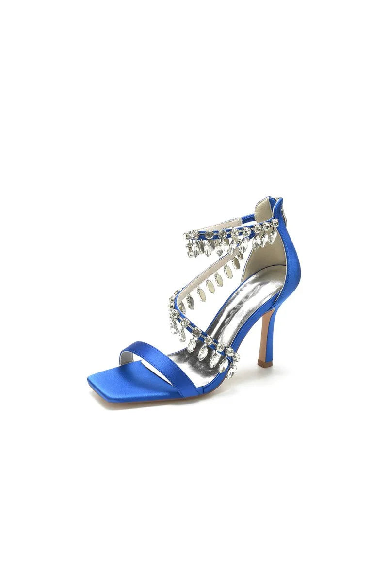 Beaded Square Open Toe Ankle Strap Satin Stiletto Heels
