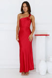 Graceful Elegance One Shoulder Satin Maxi Dress Red
