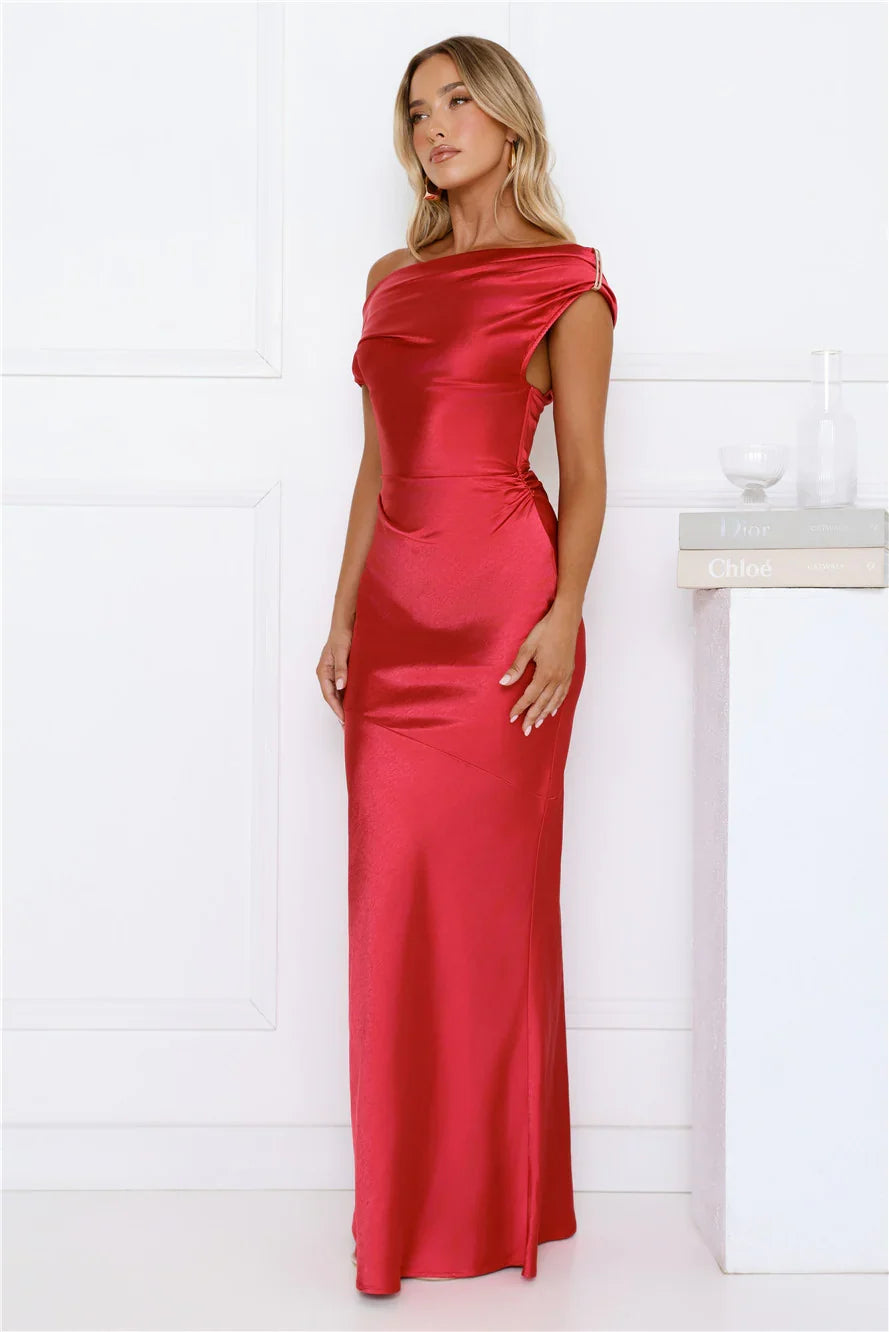 Shes A Dream Satin Off Shoulder Maxi Dress Red