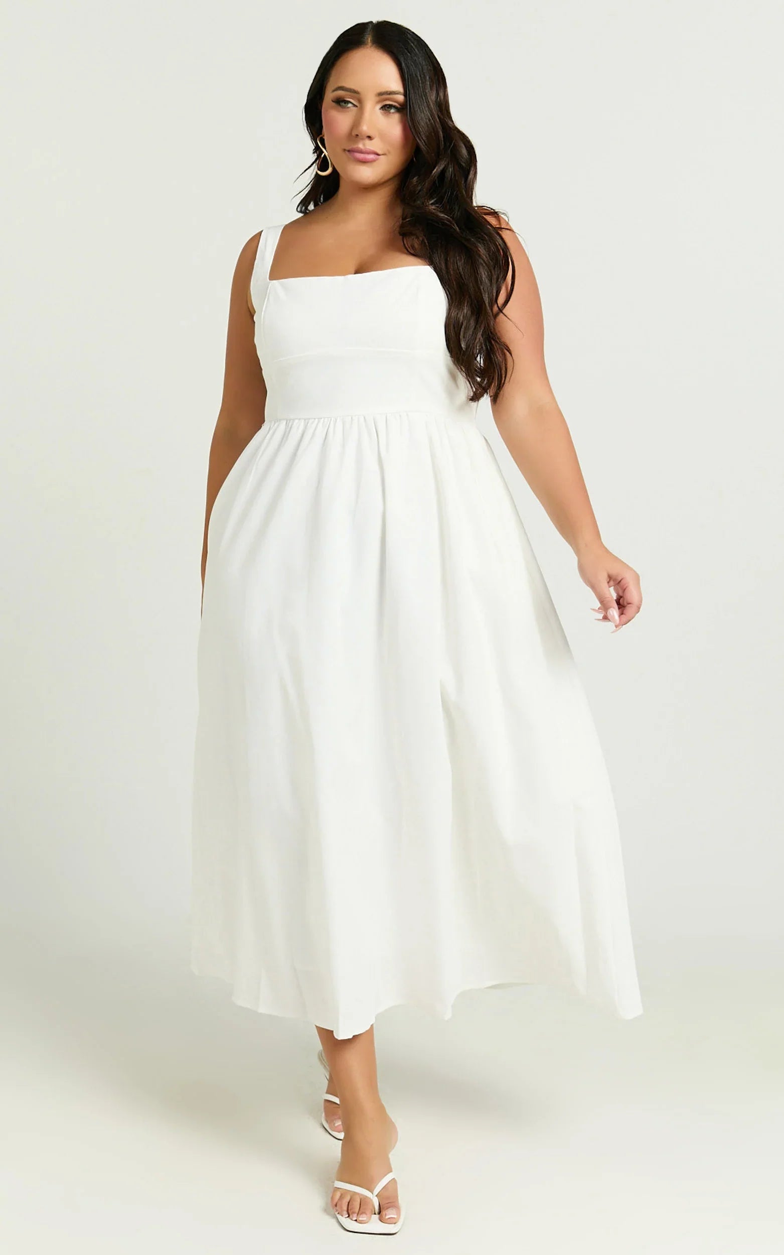 Khari Midi Dress Linen Look Square A Line Dress in White