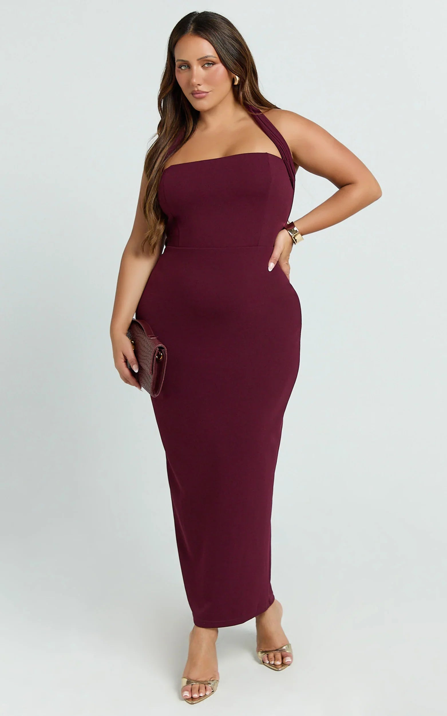 Salome Midi Dress Halter Neck Column Dress in Wine
