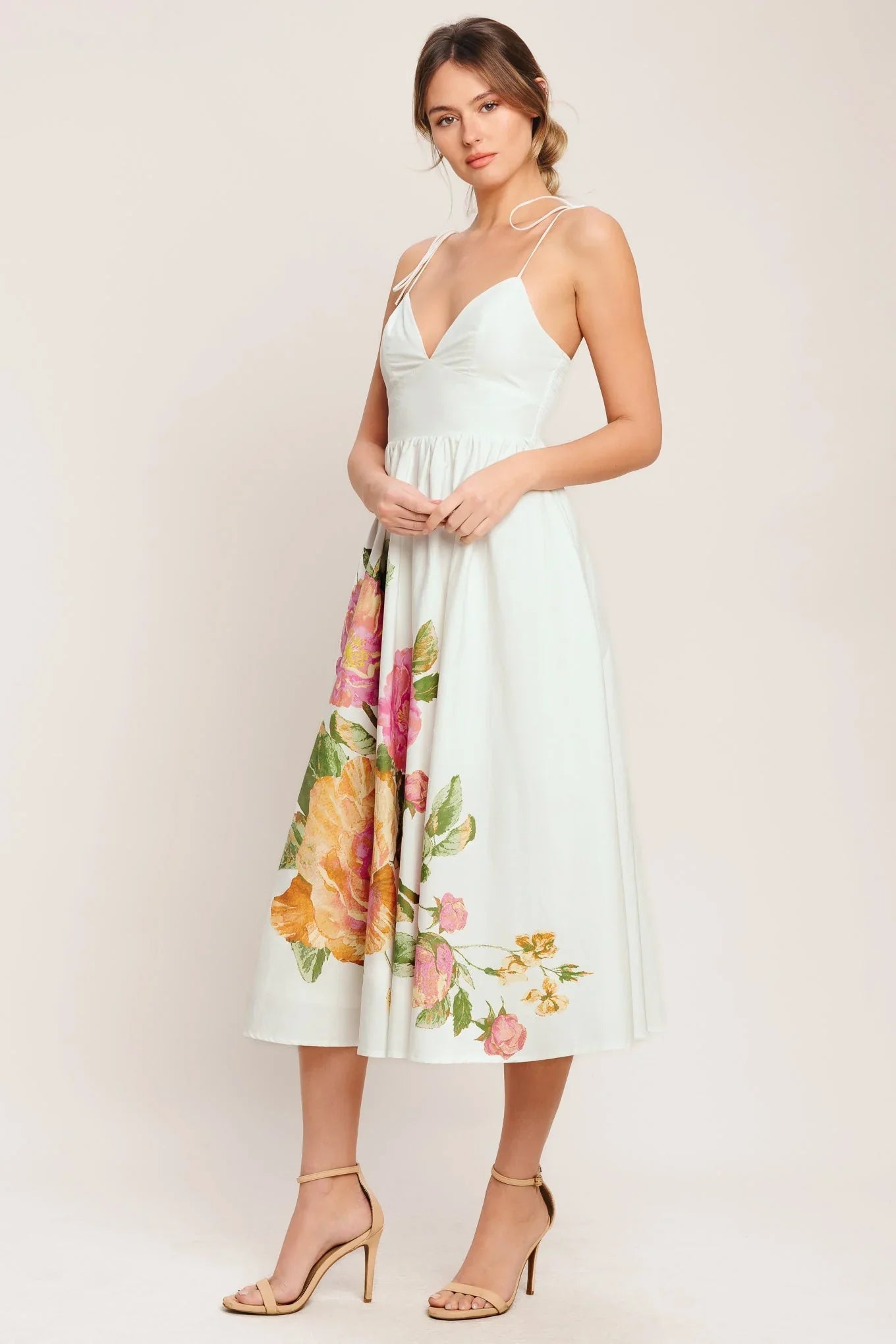 POETIC BLOOM IVORY FLORAL MIDI DRESS