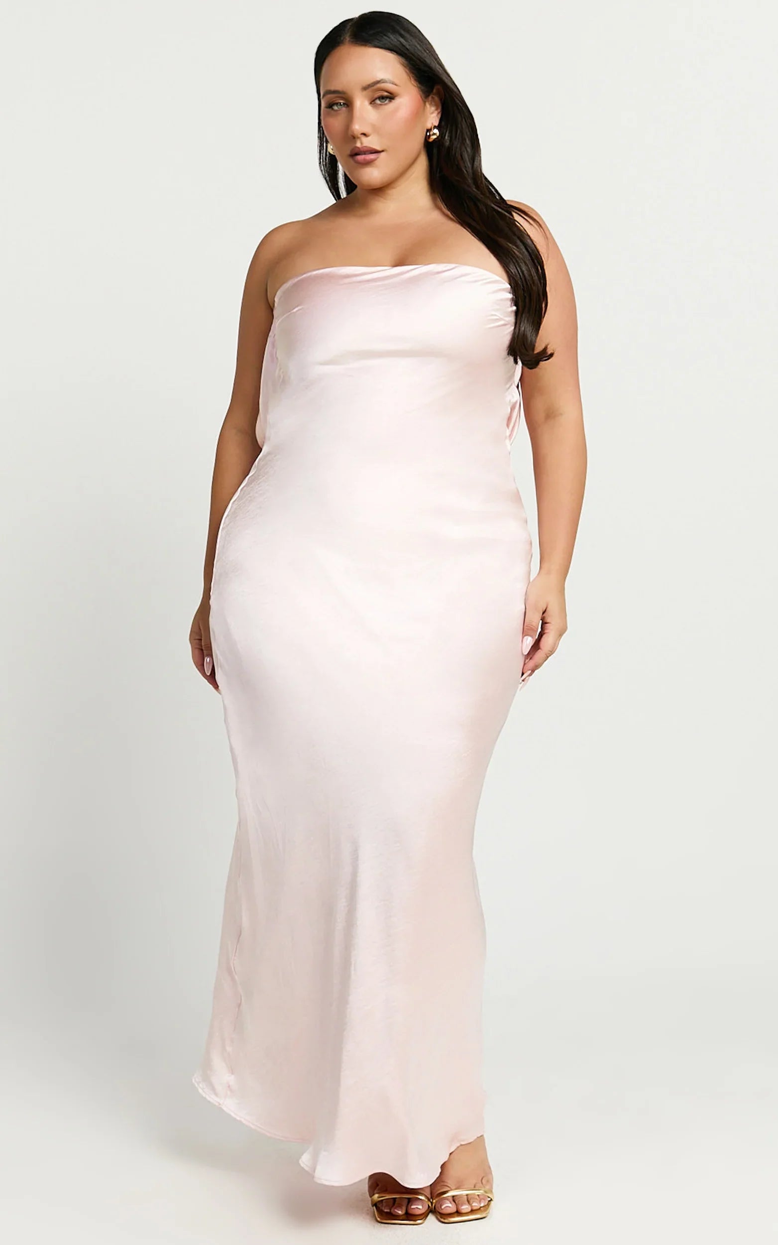 Charlita Maxi Dress Strapless Cowl Back Satin Dress in Pale Pink