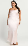 Charlita Maxi Dress Strapless Cowl Back Satin Dress in Pale Pink