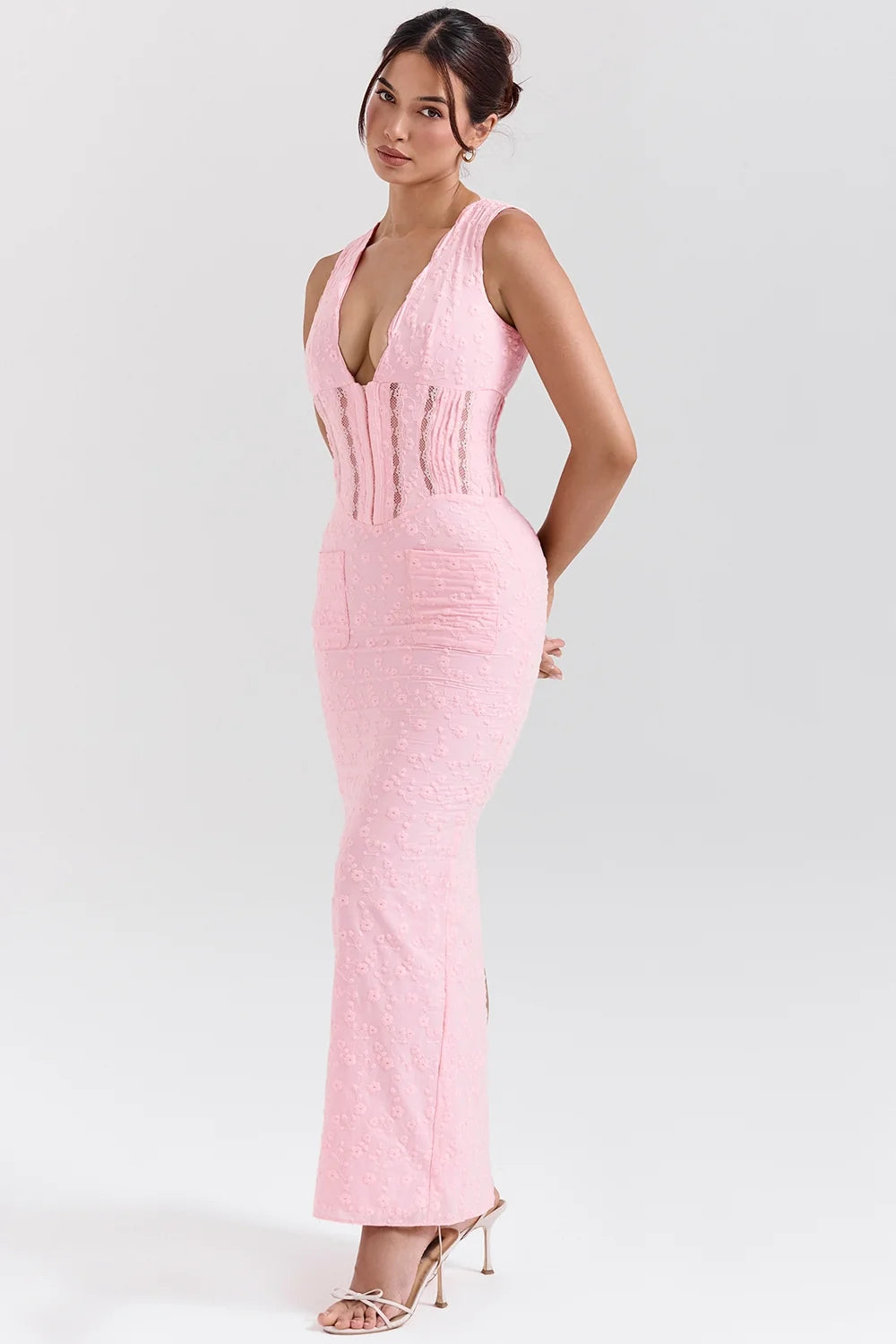 perfectly pink broderie anglais plunge maxi dress