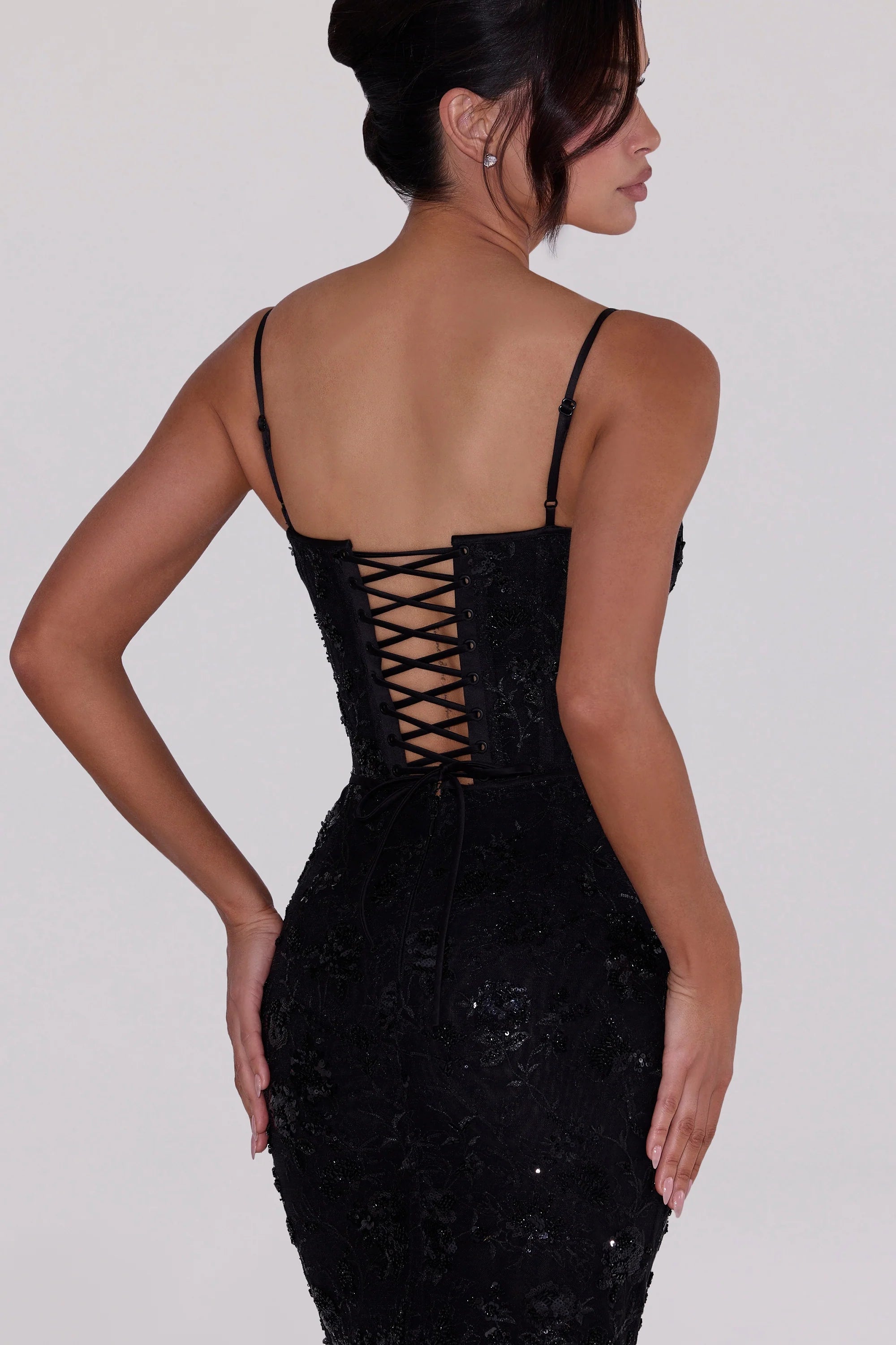 black hand beaded embellished corset maxi dress limited edition
