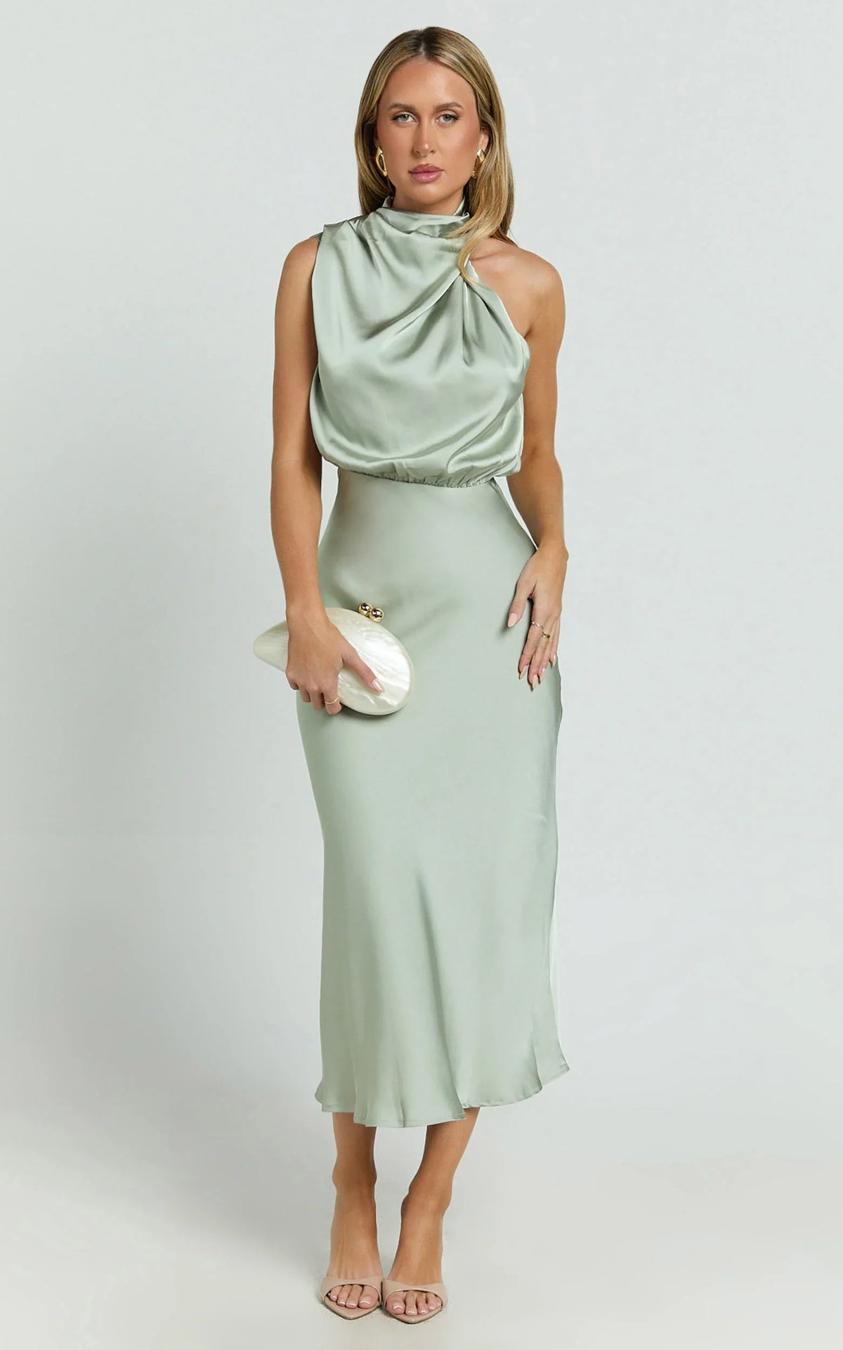 Minnie Midi Dress Drape Neck Satin Slip Dress in Sage