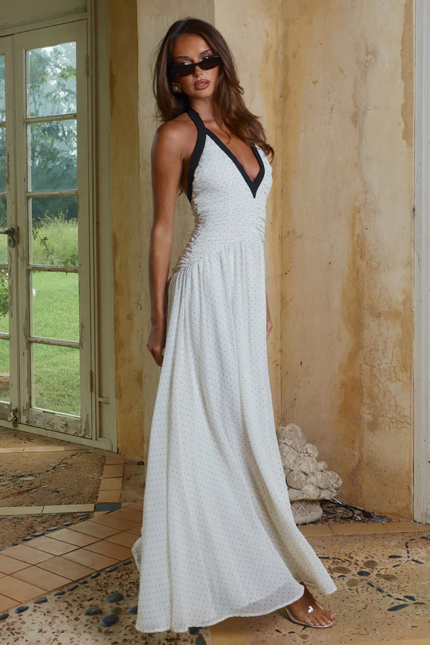CAROLINA HALTER RUCHED MAXI DRESS IVORY BLACK POLKA